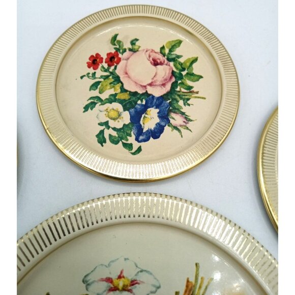 Tin Coasters Vintage Made In Denmark Round Floral Set Of 7 With Gold Trim - Picture 7 of 16